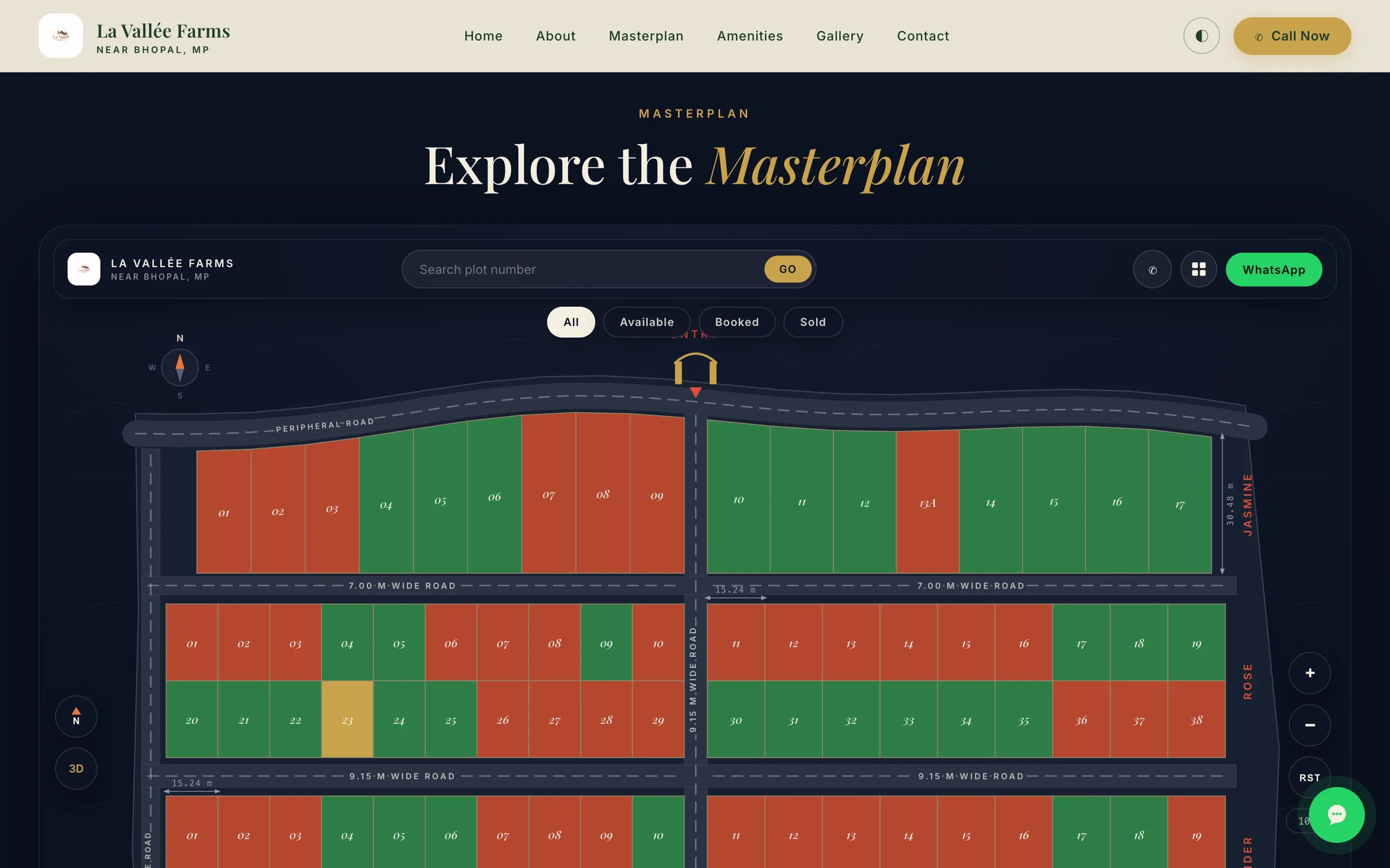 Interactive masterplan of La Vallée Farms showing numbered plots color-coded by availability, with search and filter controls